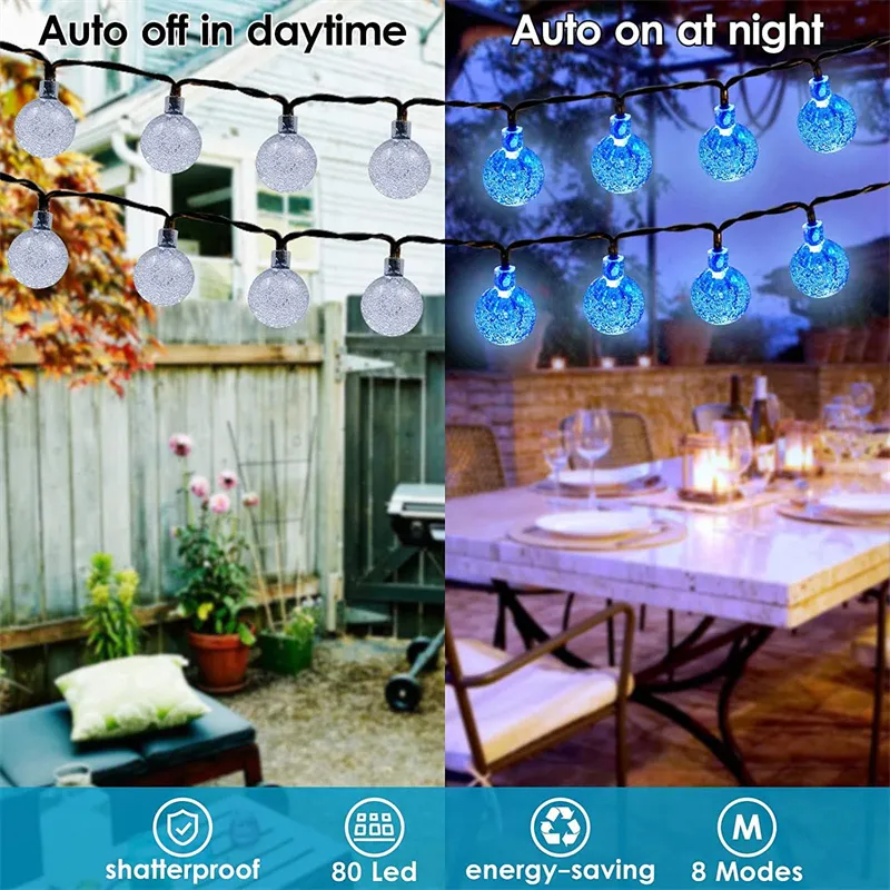 Luci solari a corda da esterno 60 luci a globo di cristallo a LED con 8 modalità Luce da patio impermeabile ad energia solare decorazioni feste in giardino 220531