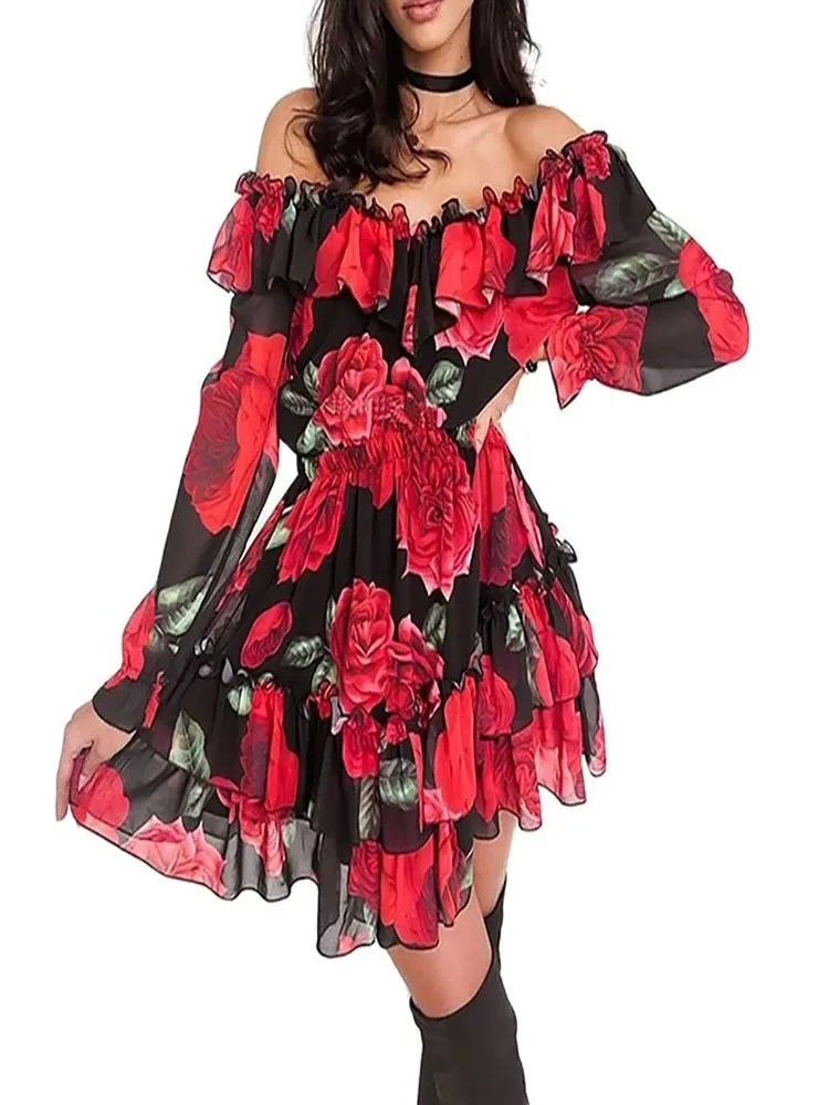 Sexy rose épaule dénudée imprimé floral robe d'été femmes décontracté manches en maille à volants en mousseline de soie Boho mini robe à fleurs dame 220516