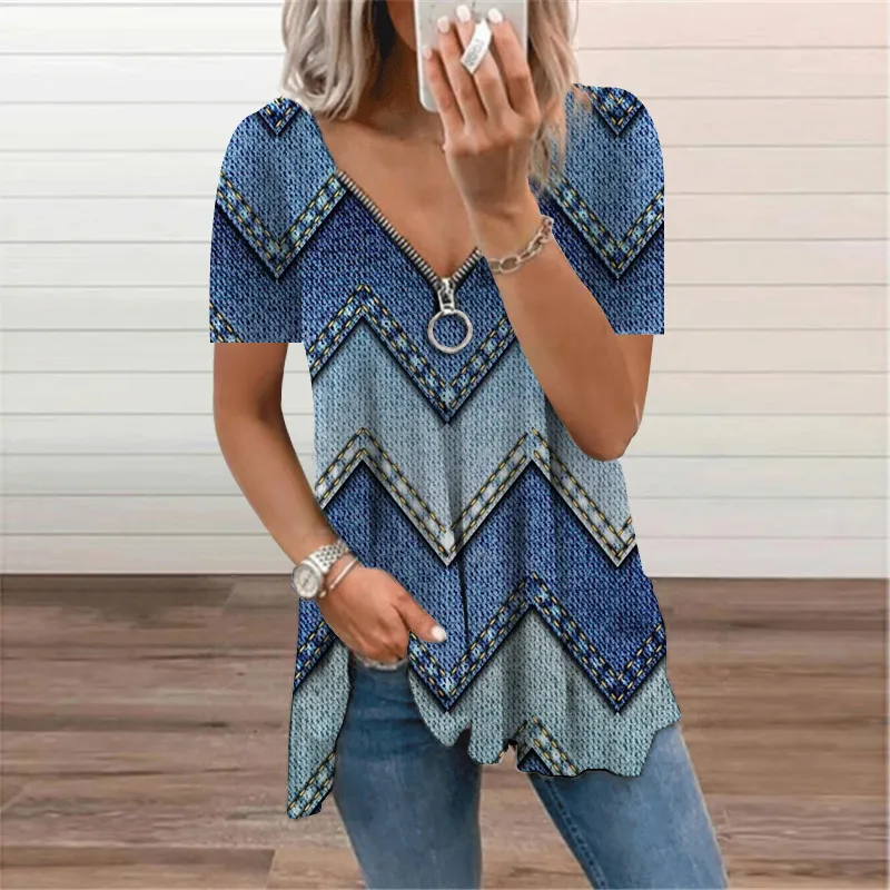 Zipper Ladies T-Shirt Oversized Print Short Sleeve V-Neck Top Tee Summer Womens Clothing Casual Loose Pullover Tunic 220402