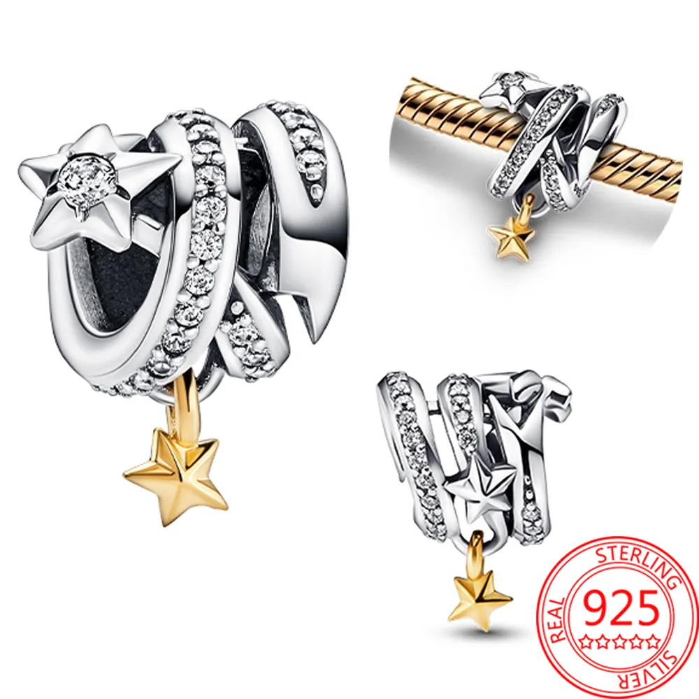 Il nuovo popolare 100% 925 serie di ciondoli in argento sterling Bead Flash Stars e Moon Pendant Glass Security Chain Fit Pandora Bracciali Gioielli fai da te regalo