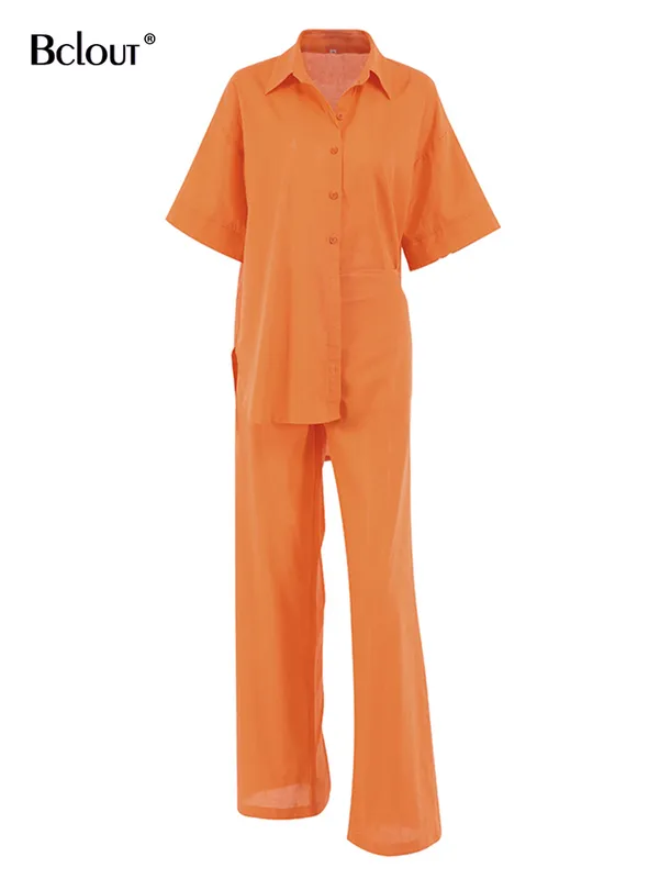 Bclout orange linne byxa dräkt lös kort ärm enstaka bröst långa skjortor casual breda benbyxor set kvinna 2 stycken 220526
