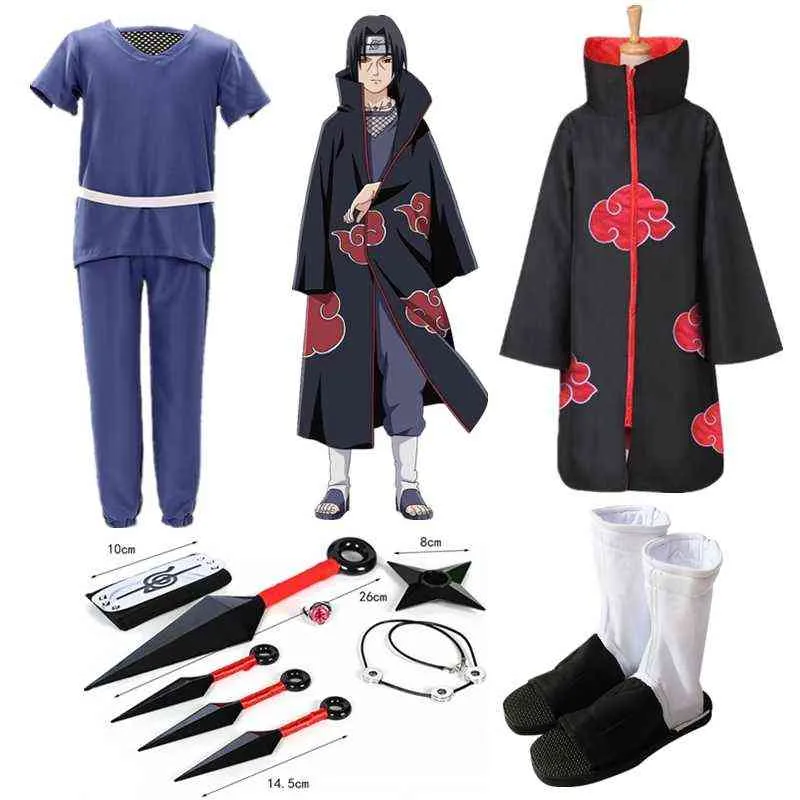 Anime Cosplay Akatsuki Cloak Headband Necklace Ring Kunai Shuriken Shoes Wig Halloween Men Kids Costume Props Toy Hokage Itachi AA220324