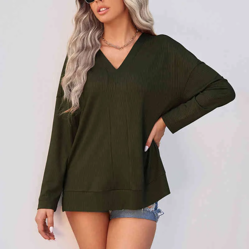 Manga longa de manga comprida Blusa do pescoço em Voto de ombro derrubado Tops soltos blusas sólidas casuais camisetas soltas senhoras all-match top l220705