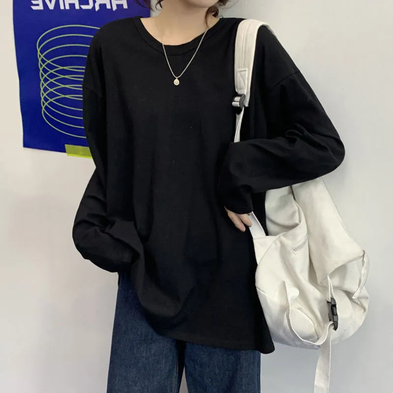 Moda feminina de verão topo coreano O-pescoço de manga longa t-shirt roxo 220328