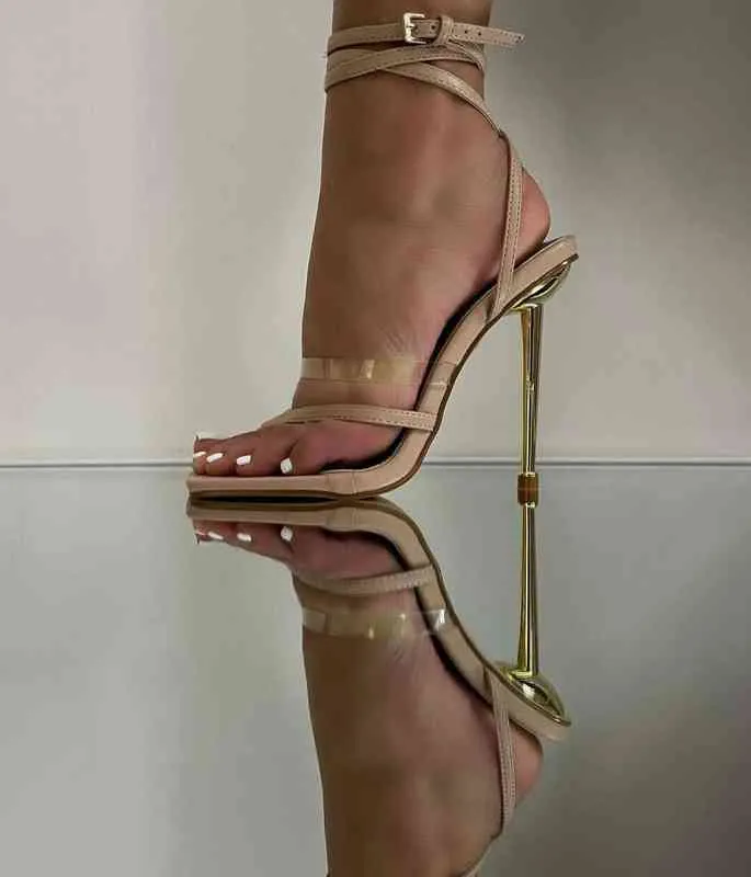 Sandals Pumps 2022 New Ankle Strap Electroplated Heeled Sandals Square Toe Cap Cool High Heels Women S Shoes 220617