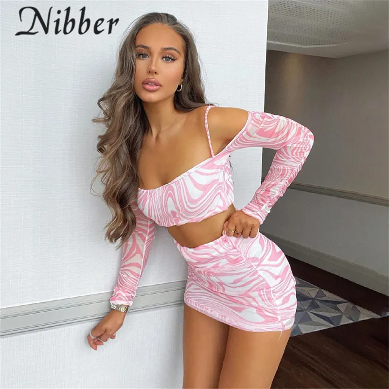 Nibber Solid 2two Piece Set Women Autumn Dew Shoulder Long Sleeve Tops Tight skinkor Kjol Matchande outfit kvinnliga kläder 220602