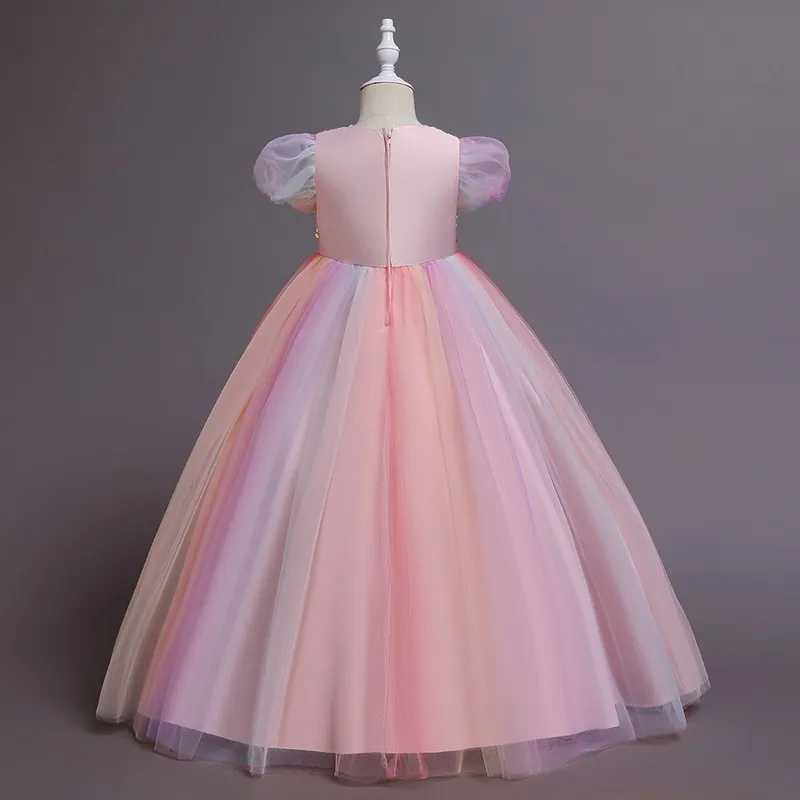 2022Europe verão festa vestido menina arco-íris short sleeves lantejoulas princesa vestido piano aniversário aniversário vestido de casamento E3