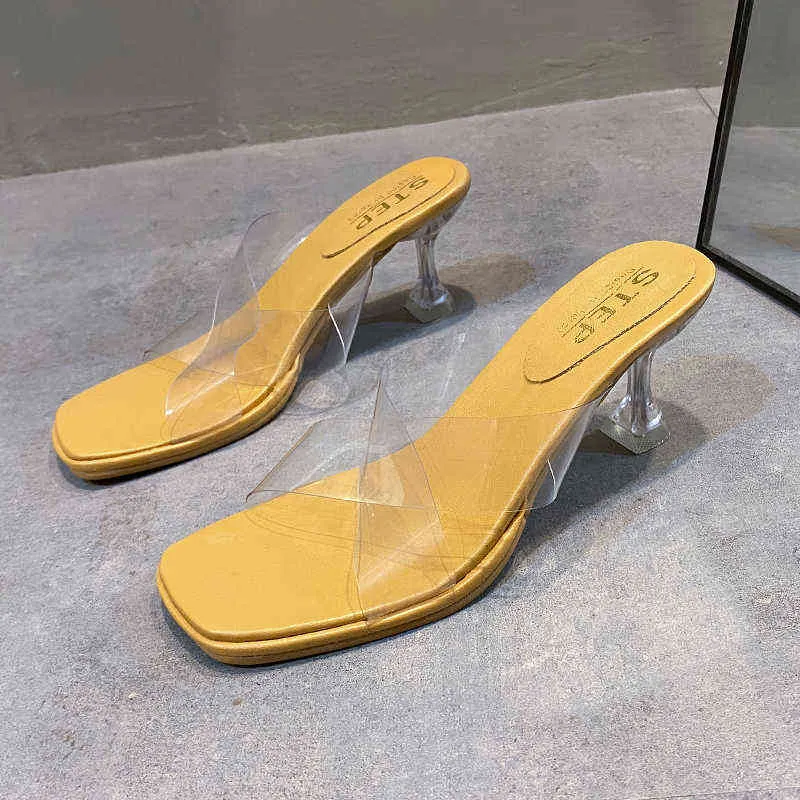 Summer New Ladies Sexy Fashion Slippers Square Head Open Toe Delicate Mid Heel Women's Shoes Transparent Crystal Casual Sandals G220527