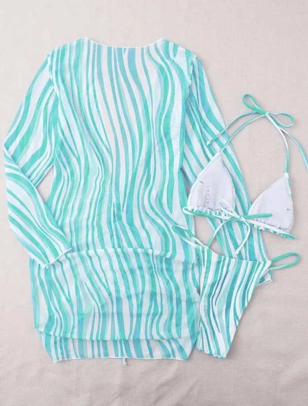 Long Sleeves Dress Print Bikinis Set Brazilian Triangle Swimsuit Women Sexy Swimwear Sport Bathing Suit W220425