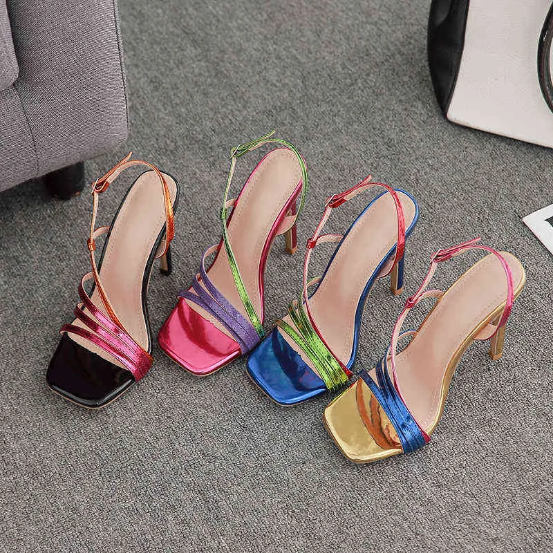 Sandalet pzilae yeni renkli kadınlar toka strappy kare ayak parmağı stiletto topuklar seksi bayanlar sığ parti ayakkabıları boyutu 42 220704