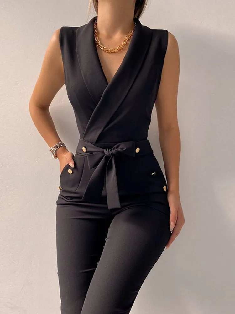 Сексуальные черные офисные комбинезоны Lady Elegant Pocket Metal Button Bodycon Play-Cuit Casual без рукавов кружев