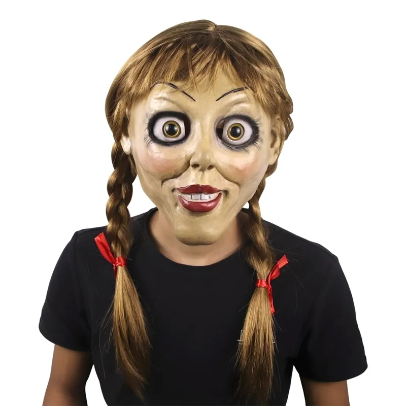 Halloween Annabelle Cosplay Annabel Doll Scary Movie Volwassen Volledig hoofd Latex Wigs Tails Party Mask 220622