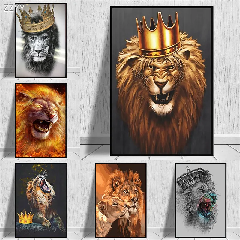 Животные львы король с короной плакат Cuadros стены на стенах холст рисовать акварельные картинки холста для гостиной для дома декор
