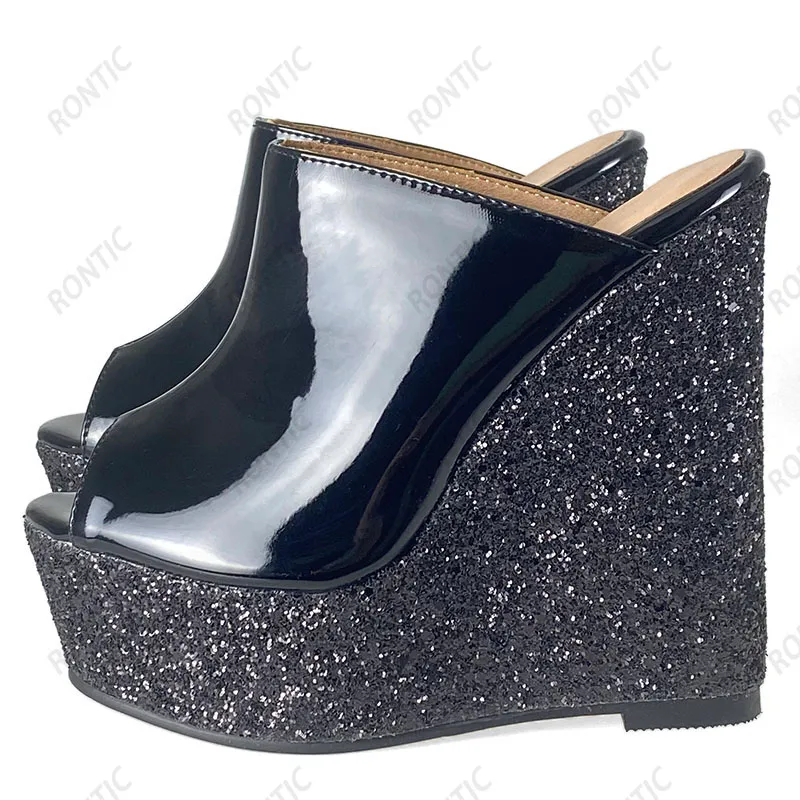 Rontic New Handmade Mulheres Mules Sandálias Unisex Glitter Wedges Heels Operado Aberto Black Party Shoes Tamanho 5-20