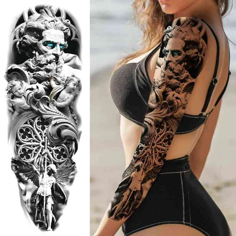 NXY Tillfällig tatuering Stor Storlek Gud S För Kvinnor Män Vuxen Fake Skull Tribal Forest Sticker Sleeve Black Body Art Arm DIY Tatoo 0330