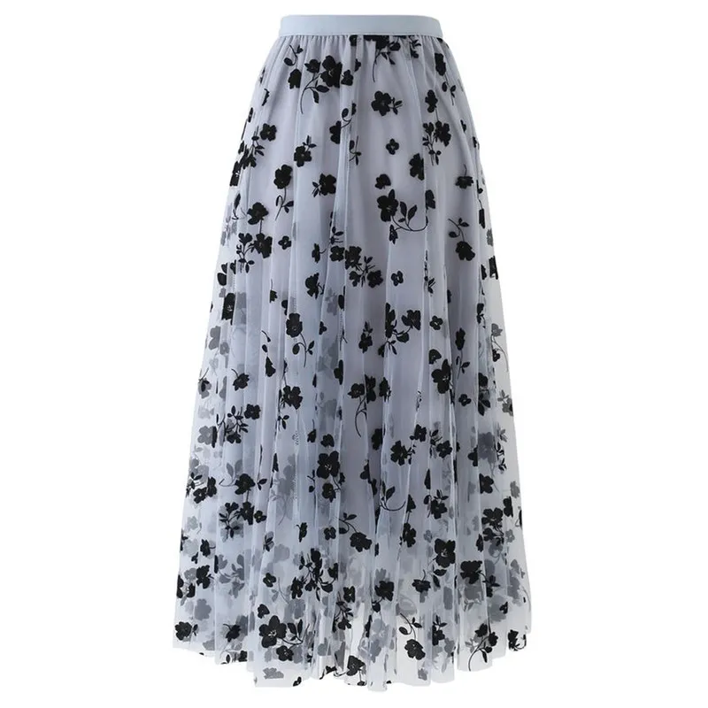 HIFASHION Falda larga de malla de cintura alta de tul para mujer Primavera Verano Elástico plisado Aline Mujer Midi 220527
