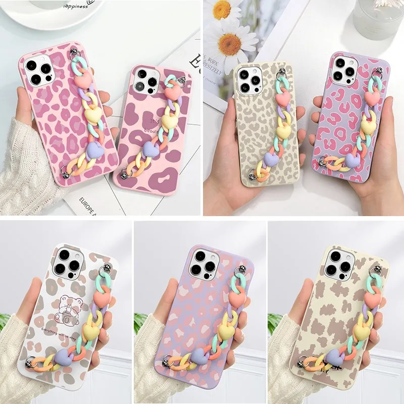 For Xiaomi Redmi Mi Note 9 10 11 S 8 8T 7 10T 11T 9T Pro Max Lite Poco X3 F3 M3 9C NFC Leopard Print Heart-Shaped Chain TPU Cases