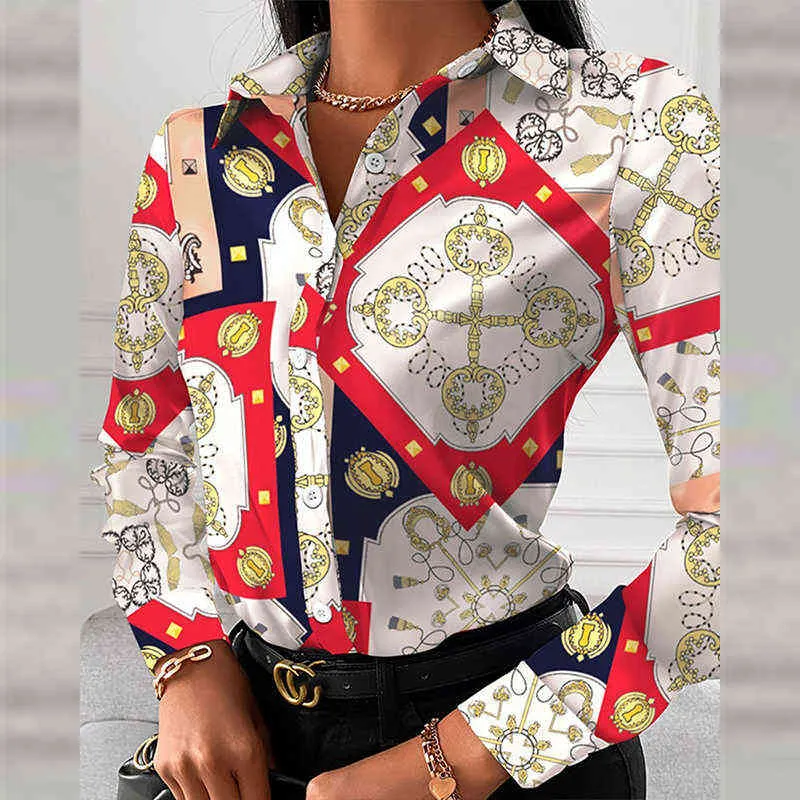 Fashion Chain Leopard Printed Lady Office Shirt Elegant Turn-down Collar Blouse Casual Button Long Sleeve New Autumn Women Tops