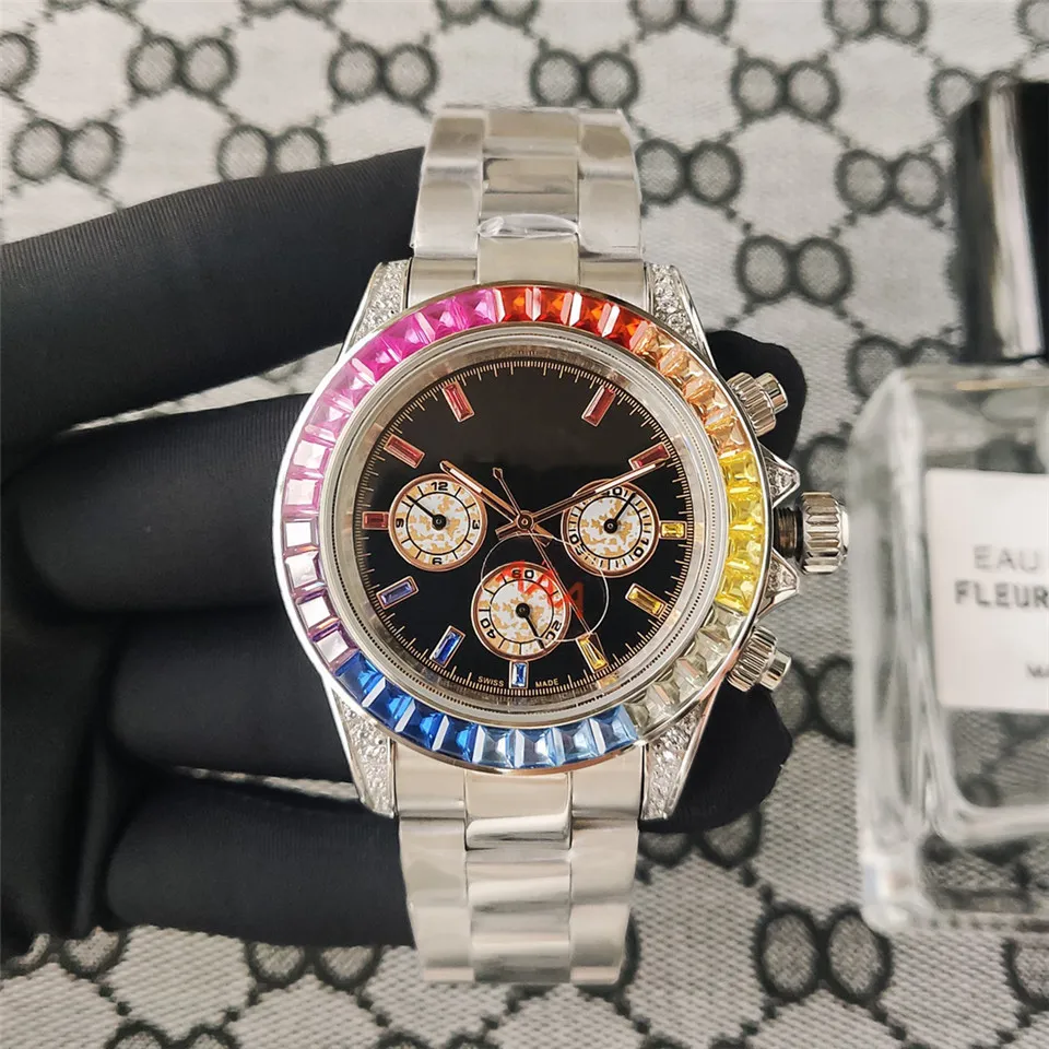Automatische herenhorloges van hoge kwaliteit Mode Zilver Diamanten Horloge Roestvrij staal Opvouwbare gesp232c