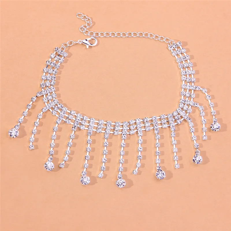 Huitan Luxury Rhinestone Tassel Ankle Bracelet for Women Bling Crystal CZ Fashion Barefoot Anklet Sandals Jewelry New Item