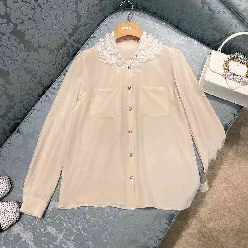 spring new women's dress French sweet lace doll collar diamond studded shirt white top