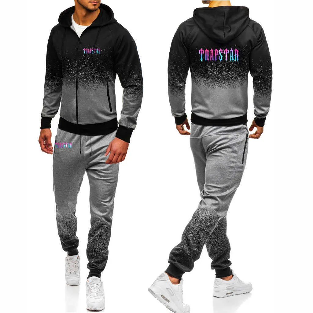 Trapstar London 2022 Men's New Gradient Color Fashion Long Sleeves Zip Hoodies Cardigan Tops + Sweatpant Casual Two Pieces Suits