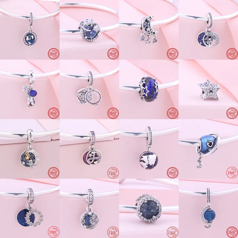 925 STERLING Gümüş Dungle Charm Blue Planet Stars Moon County Clip Uzay Yolculuğu Boncuk Boncuk Fit Pandora Charms Bilezik Diy Takı Aksesuarları