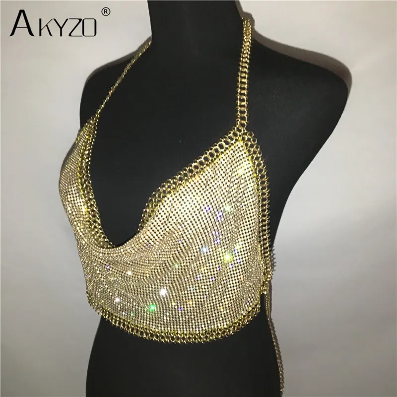 AKYZO Women Backless Luxury Camis Crop Top Fashion Chunky Metal Chain Diamond Hollow Out Plunge Halter Tank Tops 220325
