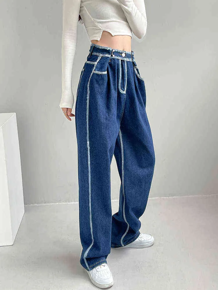 Midja justerbar målad vit kant blå jeans kvinnors sommar raka löst smal kontrast brett ben denim byxor kvinnliga l220726