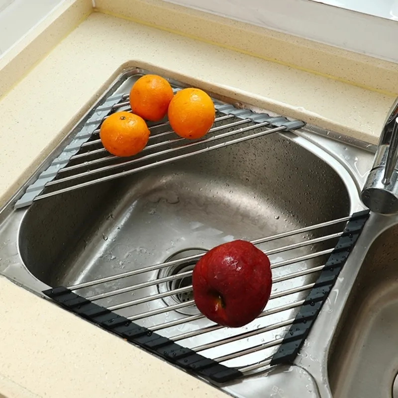 Roll Up Triangle Dish Drying Rack for Sink Corner Over the Caddy Sponge Holder Foldable Stainless Steel Drainer 220813