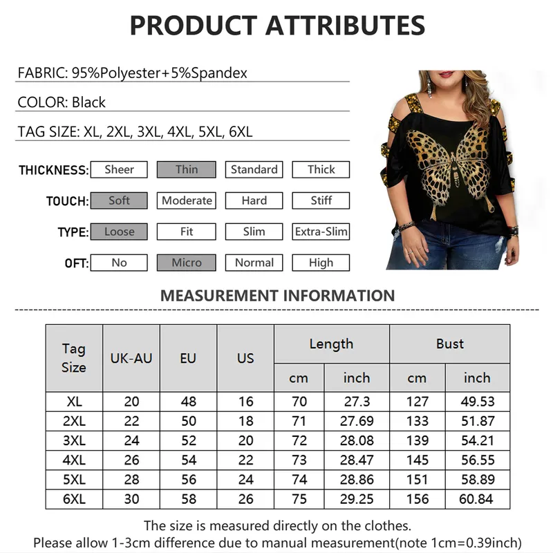 여름 더하기 크기 5xL 탑 Tshirt 여성 스팽글이 중공 아웃 나비 인쇄 검은 T 셔츠 암컷 어깨 튜닉 티 셔츠 220628