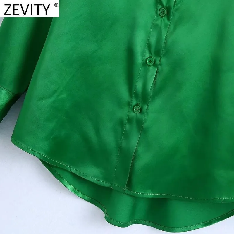 ZEVITY Kadınlar Sadece Tek Göğüslü Yeşil Saten Smock Bluz Ofis Lady Uzun Kollu Iş Gömlek Chic Blusas Tops LS9844 220407