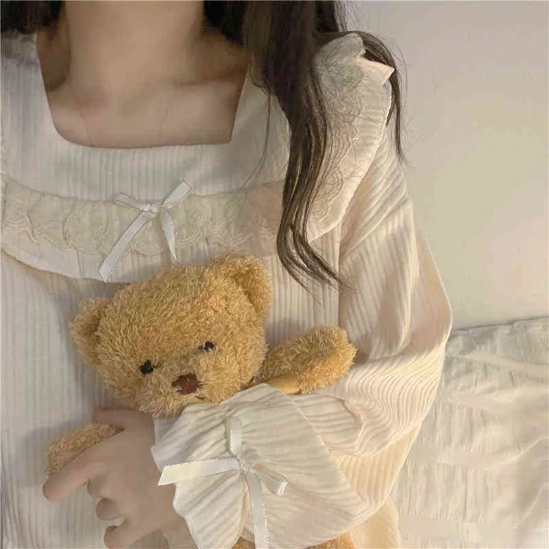 Women Pajama Sets Autumn Lace Square Collar Nightwear Princess Long Sleeves Ruffles Pyjama Lounge dent Sweet Outfit Two Pieces L220803