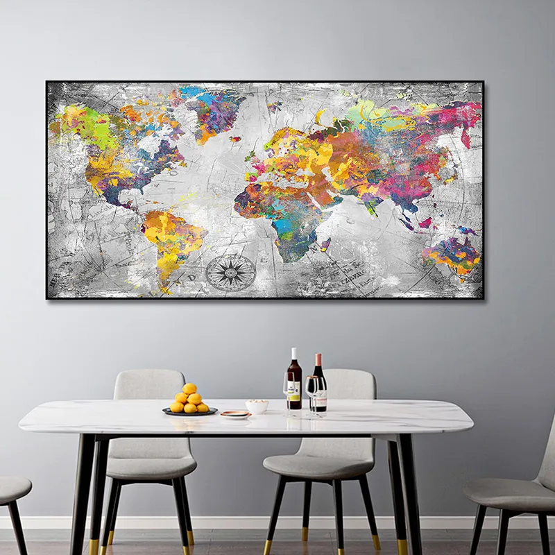 Abstract Retro World Map Canvas Painting Golden Posters and Prints Abstract Wall Art Picture for Living Room Home Decor No Frame