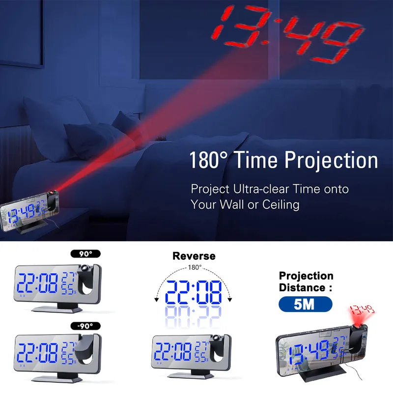 LED Digital Alarm Clock Electronic Table Desktop Clocks USB Wake Up FM Radio Time Projector Two Snooze Function 220426