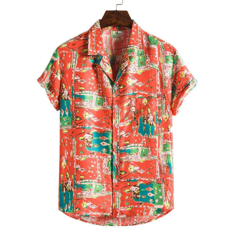 Kwiatowa hawajska koszula mężczyzna na plaży noszenie koszuli aloha men impreza swobodna guzika w dół koszule na plaży z krótkim rękawem męskie chemise homme 3xl L220704