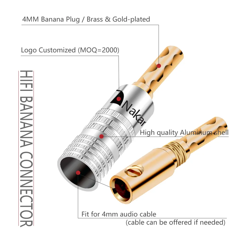 Plugue de banana nakamichi 24K Gold Copper BFA 4mm Conector Male Plug de alto -falante