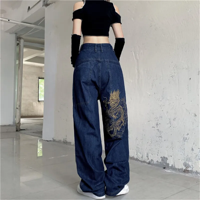 American Retro Retro Americano Bordado Jeans Straightleg Women Casual Allmatch Highwaist Mapping Wieleg Troushers 220526