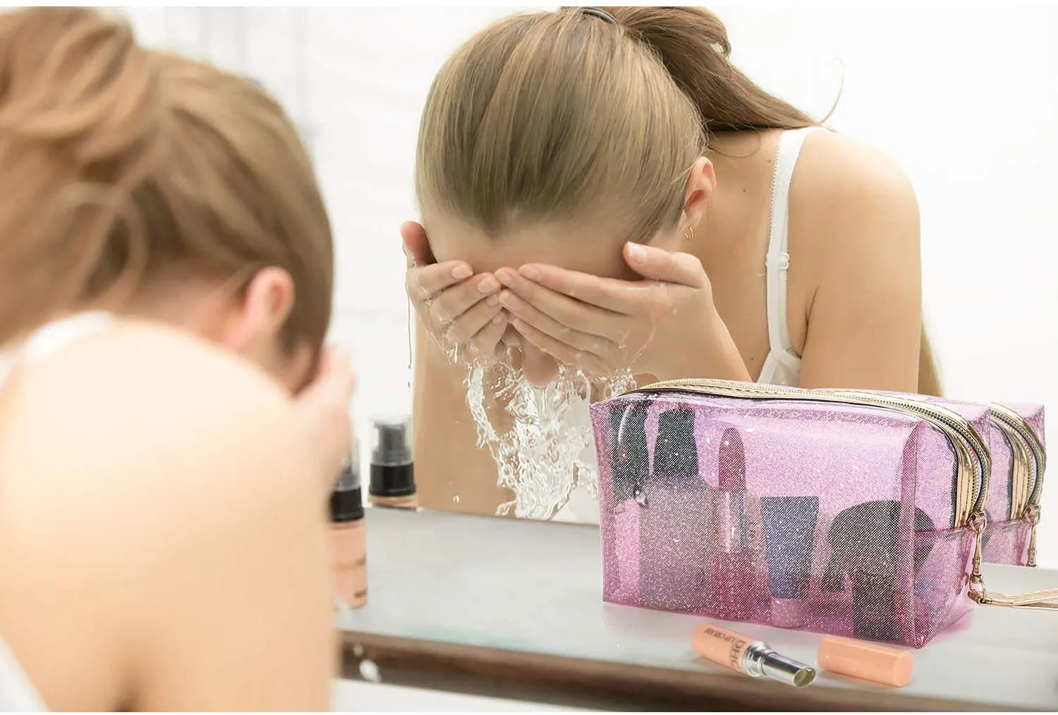Shining Waterproof Cosmetic Bags Transparent Zippered Trousse de toilette avec fermeture à glissière PVC Trousse de maquillage transparente pour salle de bain 1222329