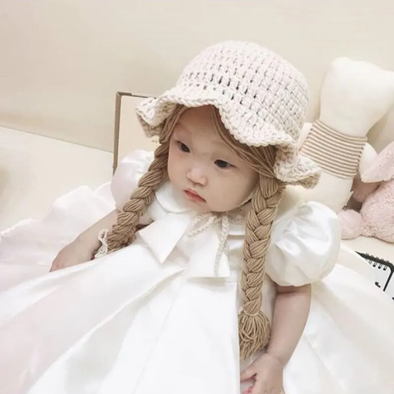 Invierno suave cálido lindo peluca trenza grande niños niñas princesa sombrero bebé niños sombrero de punto cumpleaños fiesta de navidad 48-52 cm 220514