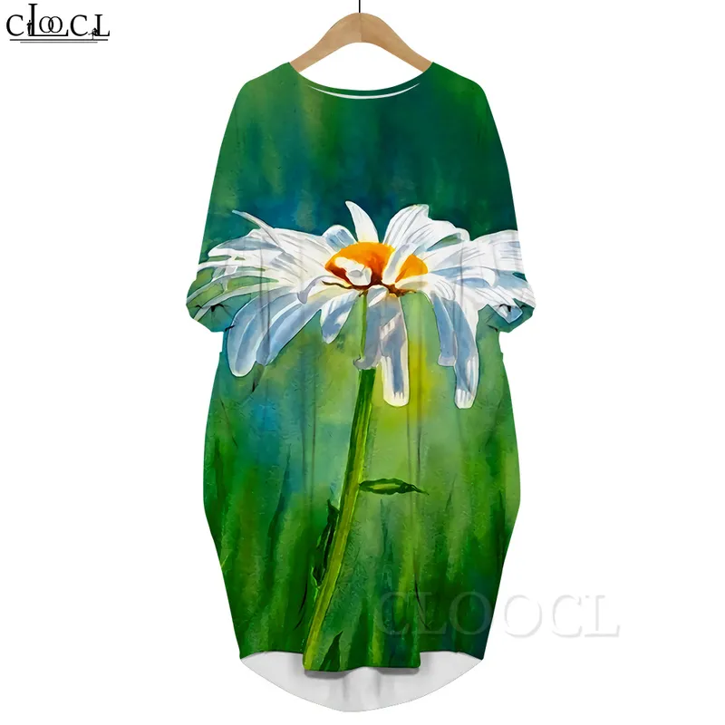 Damenkleid Meereswellen 3D-gedrucktes Kleid Langarm-Taschenkleid Rundhalsausschnitt Lose Kleider Natural Factors 220616