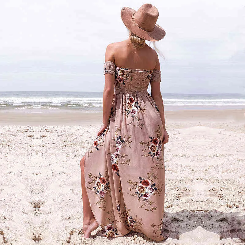 Beach Dress Women Bohemia Print Floral Chiffon Playa Sleeveless Out Of Shoulder Long Sexy Dresses Big Size Sundress G220510