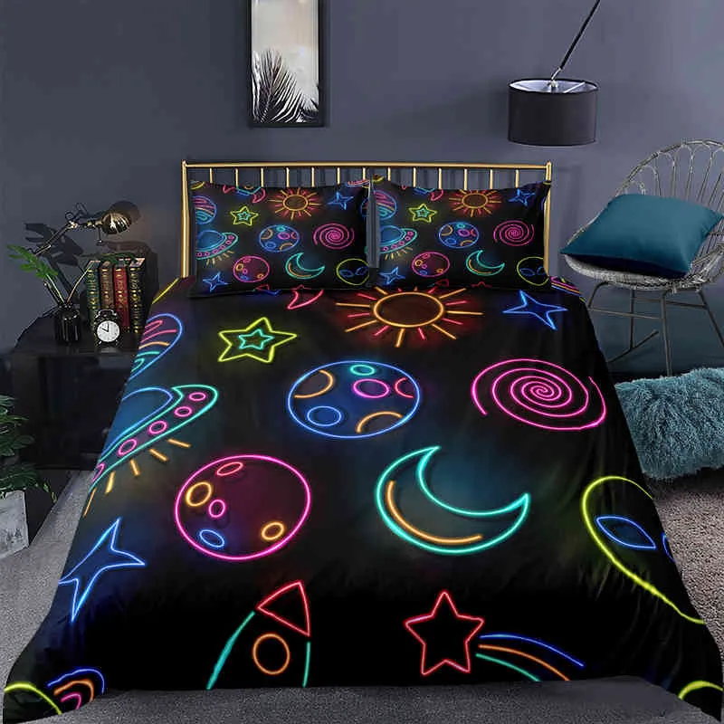 Set di biancheria da letto in stile sistema solare Galaxy, morbido piumino copripiumino, copriletti biancheria da letto, trapunta queen con federa