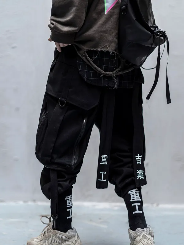 Japanese Streetwear Techwear Cargo Pants For Men Baggy Wide Leg Black Jogger 220719