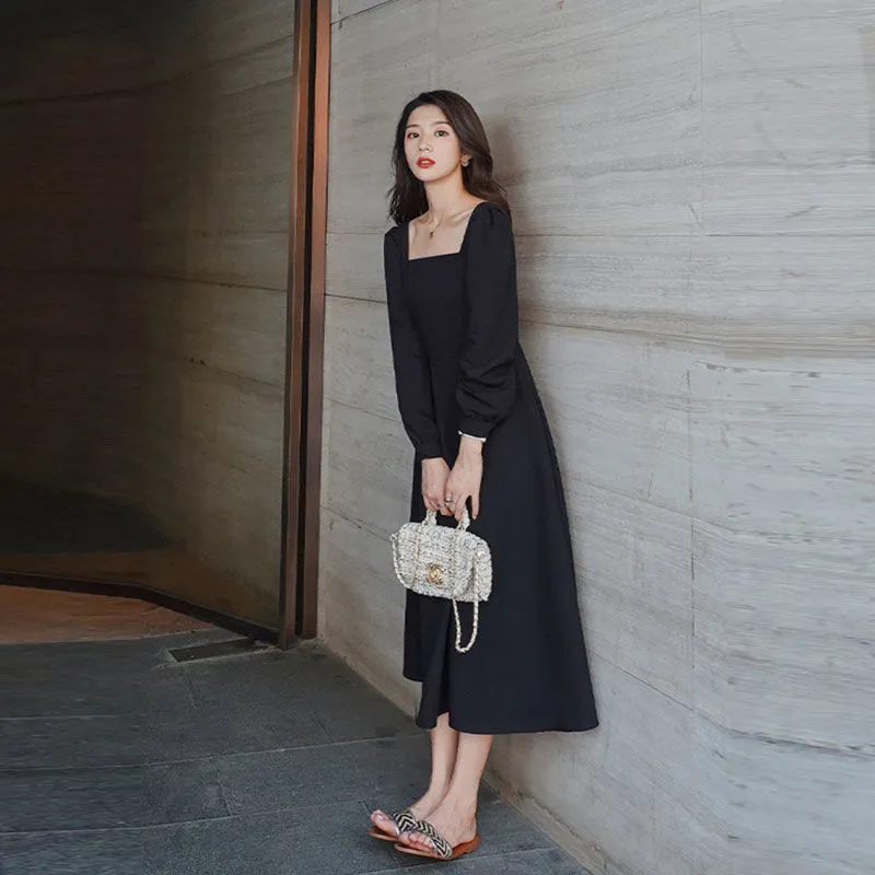 Abito a maniche lunghe Donna Vacanza Elegante Lunghezza alla caviglia Colletto quadrato femminile Semplice Trendy Stile coreano Tempo libero Streetwear Slim Ins 220521