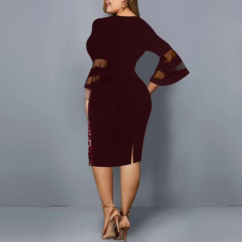 Elegant Sequin Party Dresses Plus Size Spring Flare Long Sleeve Midi Dress for Women Mesh Patchwork Evening Club Outfits 220527