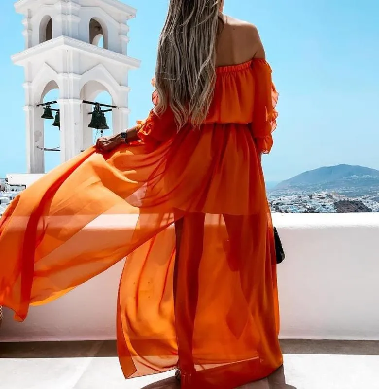 Yiiciovy Sexy Women Beach Chiffon Dress Bikini CoverUps Long Sleeve Ruffles Off Shoulder High Waist Split Sundress CoverUps 220527