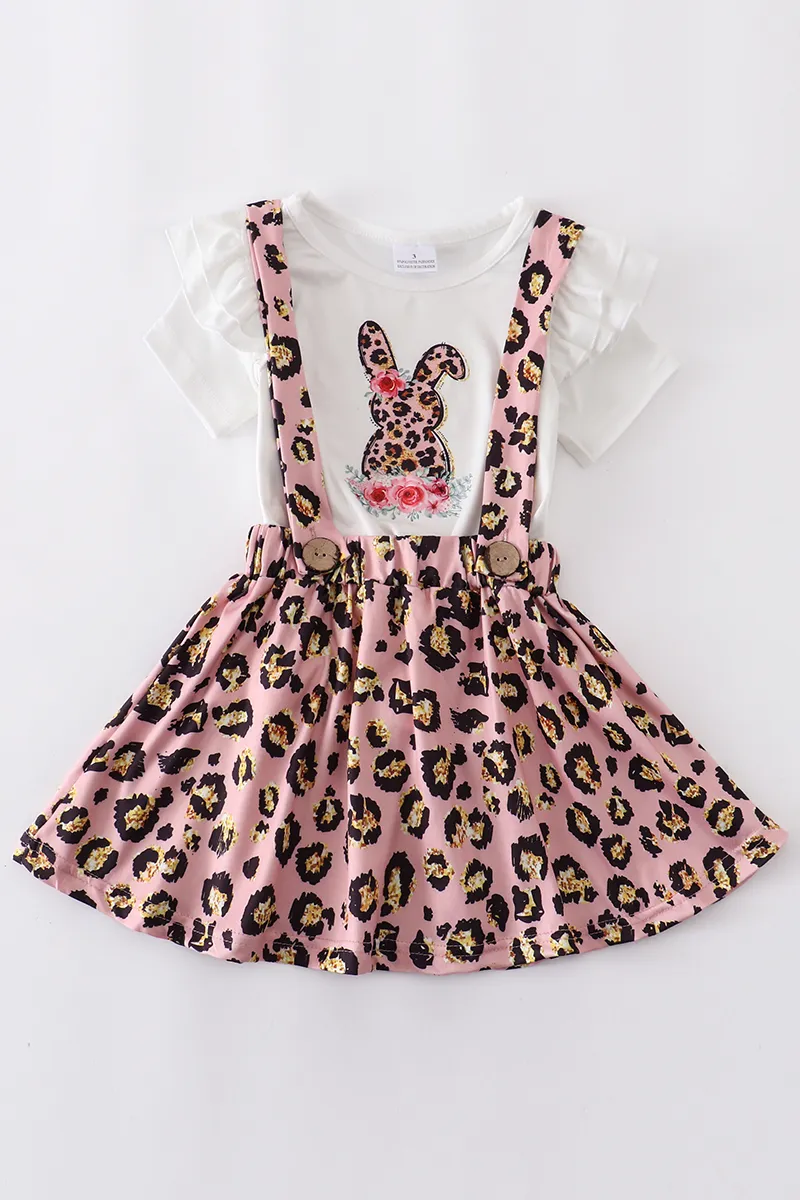 Girlymax Ostern Baby Mädchen ärmellose Baumwolle Leopard Love Bunny Spitzenkleid Rock Set Overall Boutique Kinderkleidung Rüschen 220620