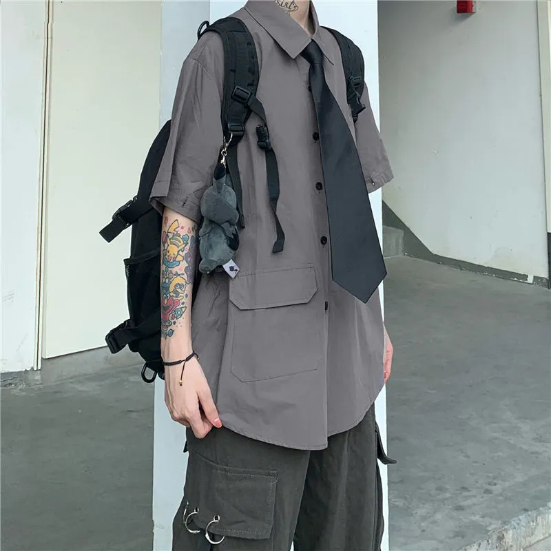 Houzhou grå skjortor kvinnor harajuku löstagbar ärm överdimensionerad bf gotisk blus med slips vintage streetwear punk höstskjorta 220725