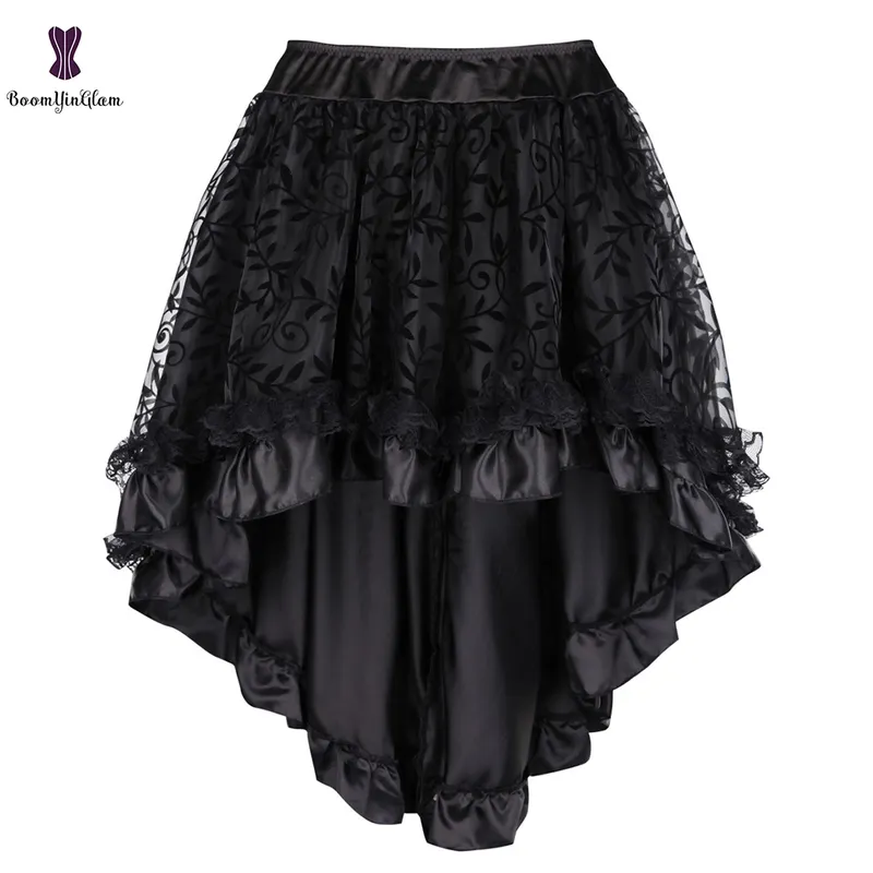 Plus -storlek viktoriansk asymmetrisk rufflad satin spets trim gotiska kjolar kvinnor korsett vintage steampunk kjol 937# 220701